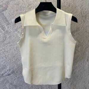 Cream Knit Polo Collar Sleeveless Top V-Neck Cropped Tank Preppy Chic Vest